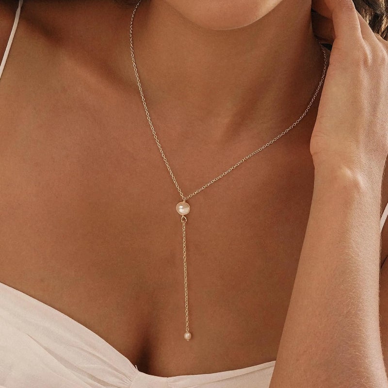 PRTGL Store Pearl Necklace: 14K Gold-Plated/White Gold-plated Pearl Necklace for Women 16.5” + 2” - Image 4